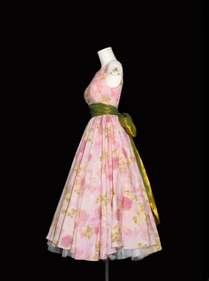 Vintage Pink Floral Print Sleeveless A Line Long Prom Dress With Shimmery Olive Green Sash Bow AD921