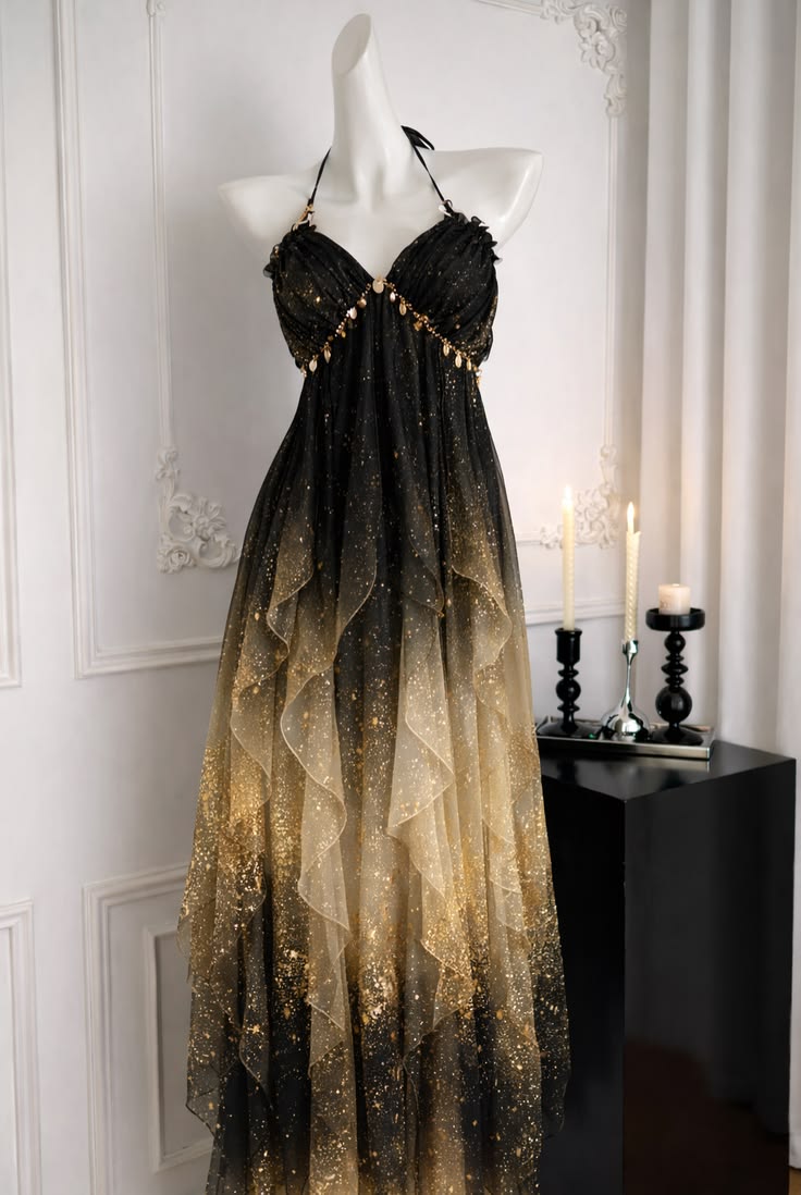 Enchanting Galaxy Blue to Champagne Gold Ombre Sparkle Chiffon Halter Empire Waist A Line Long Prom Dress AD922
