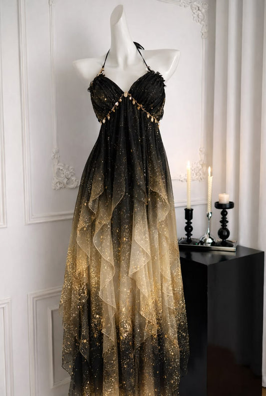 Enchanting Galaxy Blue to Champagne Gold Ombre Sparkle Chiffon Halter Empire Waist A Line Long Prom Dress AD922