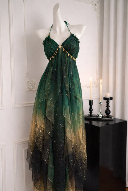 Enchanting Galaxy Blue to Champagne Gold Ombre Sparkle Chiffon Halter Empire Waist A Line Long Prom Dress AD922