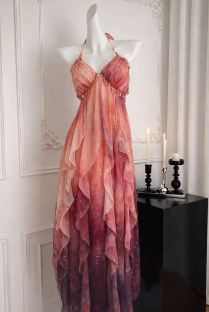 Enchanting Galaxy Blue to Champagne Gold Ombre Sparkle Chiffon Halter Empire Waist A Line Long Prom Dress AD922