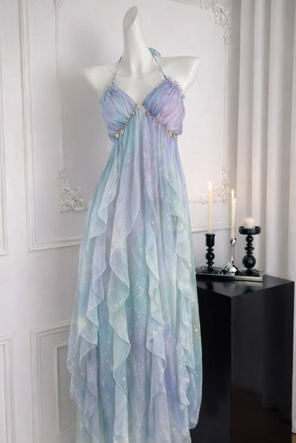 Enchanting Galaxy Blue to Champagne Gold Ombre Sparkle Chiffon Halter Empire Waist A Line Long Prom Dress AD922