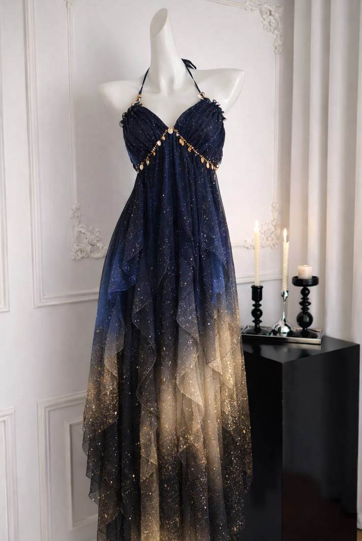 Enchanting Galaxy Blue to Champagne Gold Ombre Sparkle Chiffon Halter Empire Waist A Line Long Prom Dress AD922
