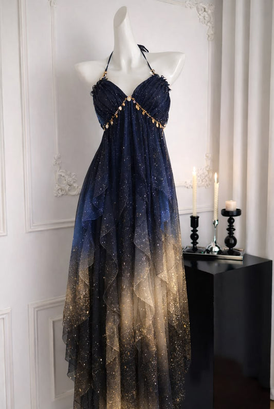Enchanting Galaxy Blue to Champagne Gold Ombre Sparkle Chiffon Halter Empire Waist A Line Long Prom Dress AD922