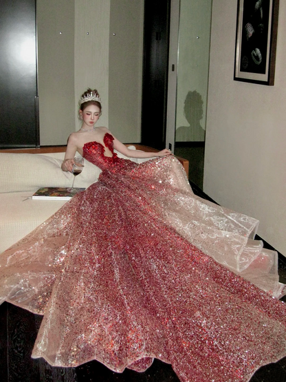 Stunning Ombre Red Sweetheart Keyhole Sequin Mermaid Long Prom Dress With Removable Cathedral Train AD925