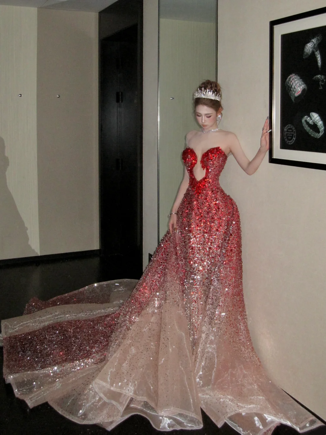 Stunning Ombre Red Sweetheart Keyhole Sequin Mermaid Long Prom Dress With Removable Cathedral Train AD925