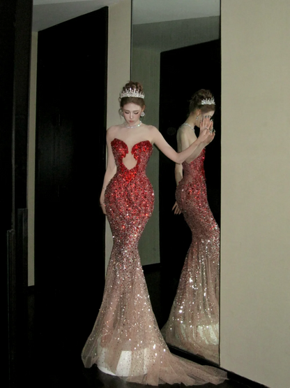 Stunning Ombre Red Sweetheart Keyhole Sequin Mermaid Long Prom Dress With Removable Cathedral Train AD925