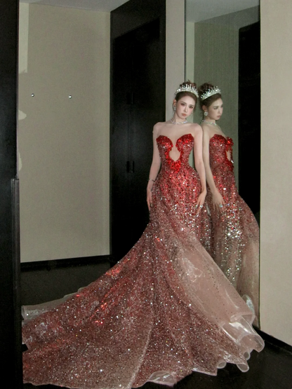 Stunning Ombre Red Sweetheart Keyhole Sequin Mermaid Long Prom Dress With Removable Cathedral Train AD925