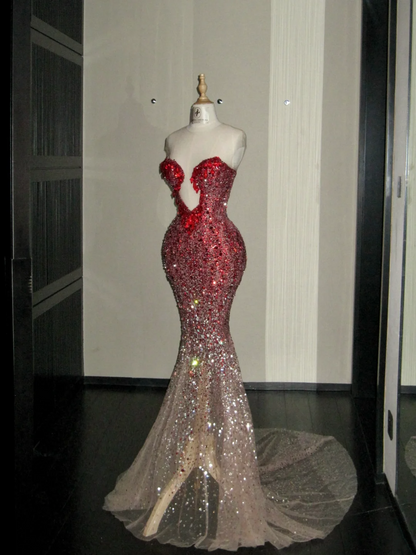 Stunning Ombre Red Sweetheart Keyhole Sequin Mermaid Long Prom Dress With Removable Cathedral Train AD925