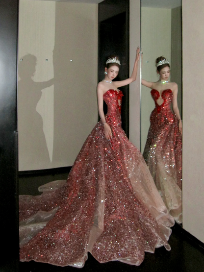 Stunning Ombre Red Sweetheart Keyhole Sequin Mermaid Long Prom Dress With Removable Cathedral Train AD925