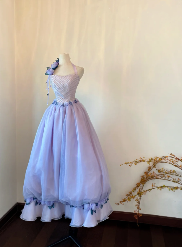 Whimsical Lavender Halter Neck Diamond Grid Beaded Bodice A Line Long Prom Dress With 3D Floral Accents AD926