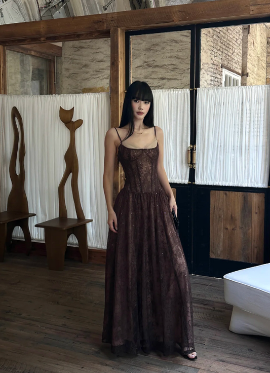 Vintage Brown Spaghetti Straps Lace Corset Sparkle and Sheer Bodice A Line Long Prom Dress AD927