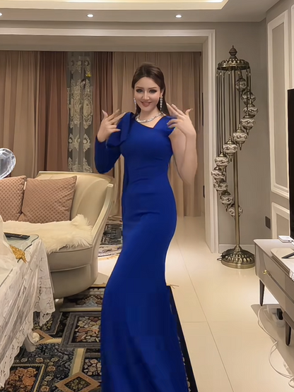 Regal Royal Blue Asymmetric One-Shoulder Long Sleeve Mermaid Long Prom Dress With Bow Shoulder Detail AD928