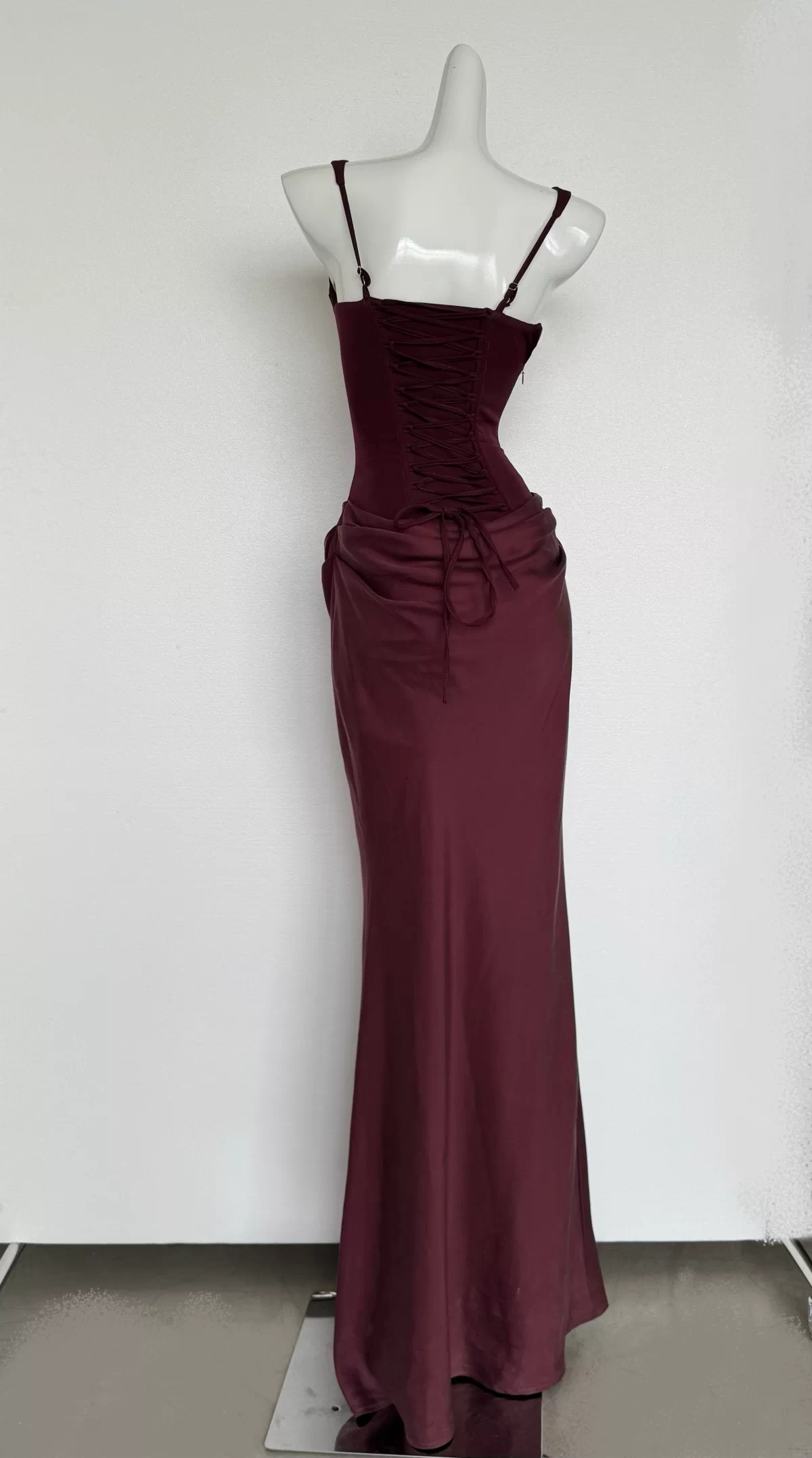 Elegant Burgundy Square Neck Straps Satin Corset Mermaid Long Prom Dress With Ruched Waist Detail AD929