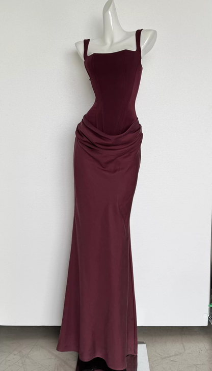 Elegant Burgundy Square Neck Straps Satin Corset Mermaid Long Prom Dress With Ruched Waist Detail AD929