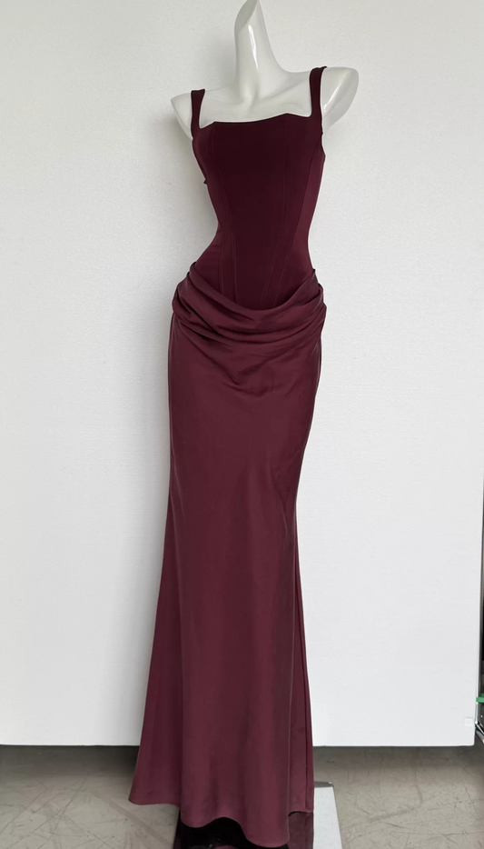 Elegant Burgundy Square Neck Straps Satin Corset Mermaid Long Prom Dress With Ruched Waist Detail AD929