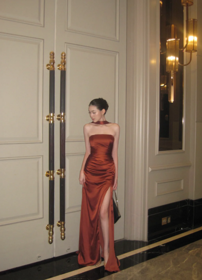 Regal Rust Orange Strapless Satin Mermaid Long Prom Dress With Choker Halter And High Slit AD930