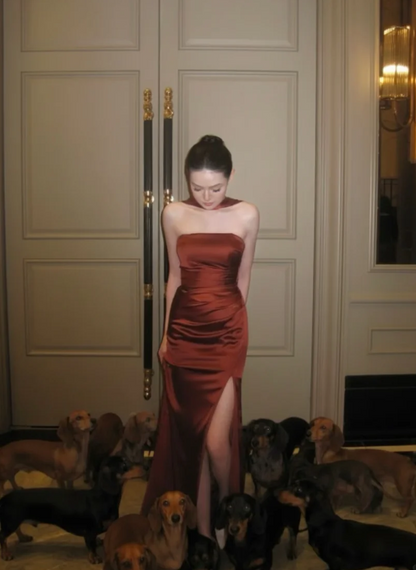 Regal Rust Orange Strapless Satin Mermaid Long Prom Dress With Choker Halter And High Slit AD930