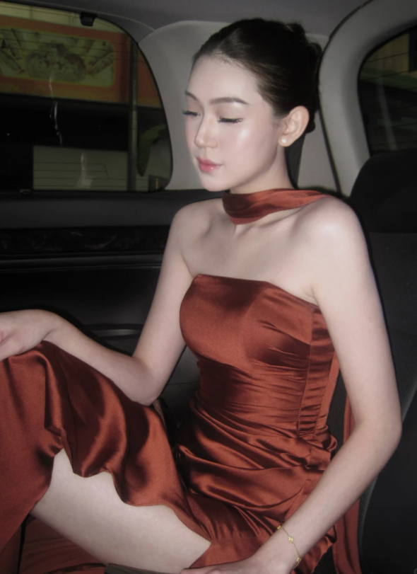 Regal Rust Orange Strapless Satin Mermaid Long Prom Dress With Choker Halter And High Slit AD930