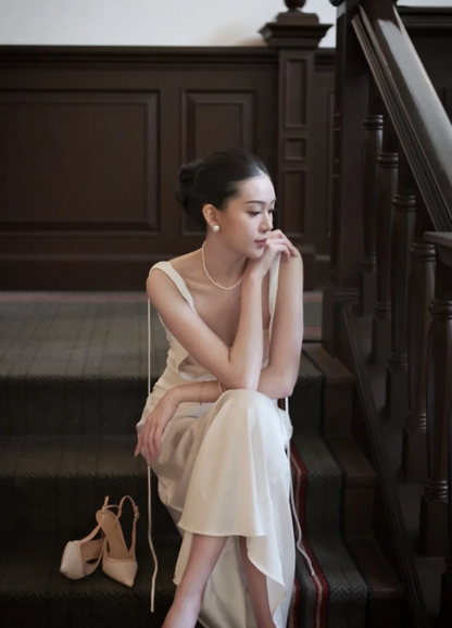Romantic White Draped Satin Sweetheart Neckline Sheath Long Prom Dress With Bow Detail And Draped Back Strap AD931