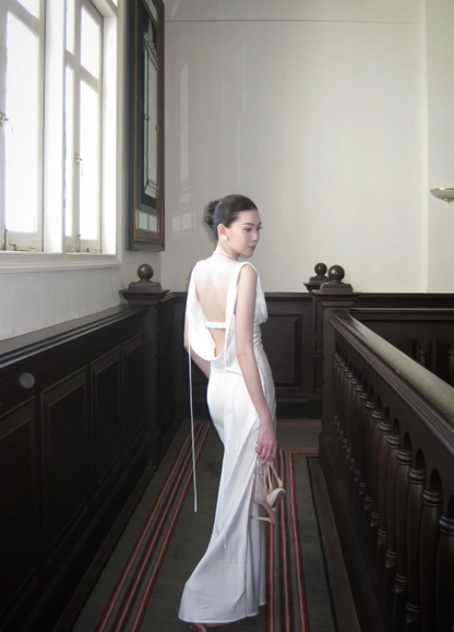 Romantic White Draped Satin Sweetheart Neckline Sheath Long Prom Dress With Bow Detail And Draped Back Strap AD931
