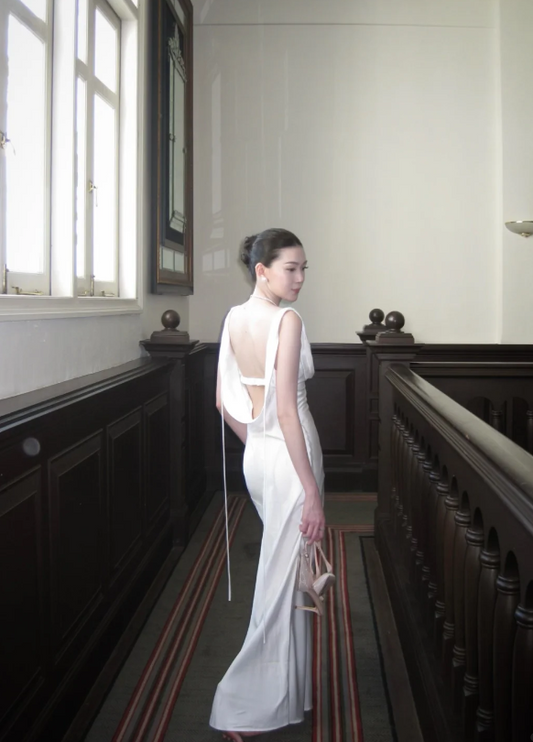 Romantic White Draped Satin Sweetheart Neckline Sheath Long Prom Dress With Bow Detail And Draped Back Strap AD931