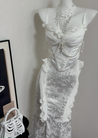 Regal White Spaghetti Straps Lace Satin Corset Mermaid Long Prom Dress With Pearl Chain Detail And Ruffled Trim AD932