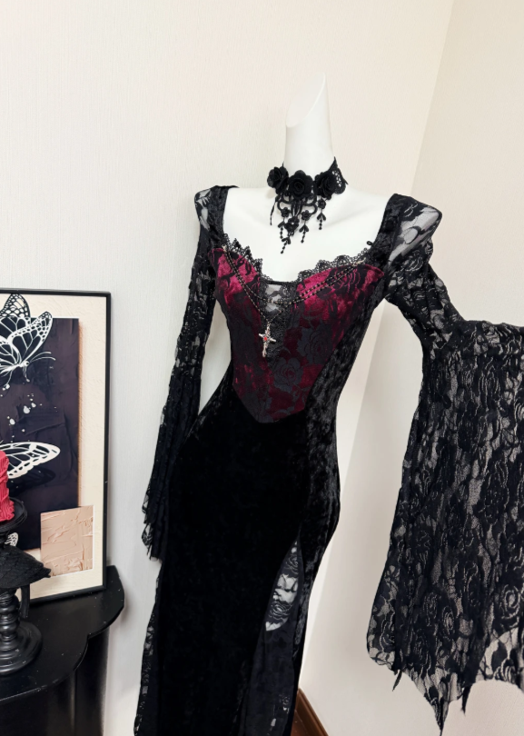 Enchanting Gothic Burgundy Sweatheart Bodice Black Velvet Lace Mermaid Long Prom Dress With Lace Long Sleeves And High Slit AD933