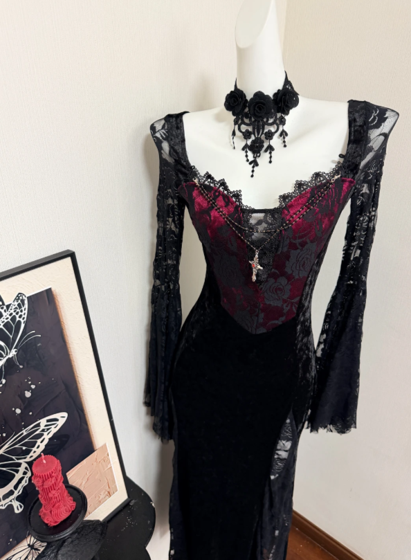 Enchanting Gothic Burgundy Sweatheart Bodice Black Velvet Lace Mermaid Long Prom Dress With Lace Long Sleeves And High Slit AD933
