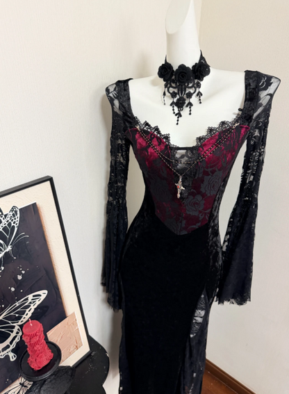 Enchanting Gothic Burgundy Sweatheart Bodice Black Velvet Lace Mermaid Long Prom Dress With Lace Long Sleeves And High Slit AD933