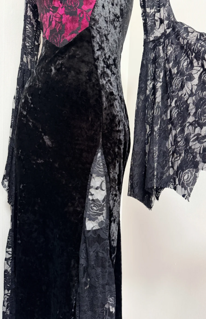 Enchanting Gothic Burgundy Sweatheart Bodice Black Velvet Lace Mermaid Long Prom Dress With Lace Long Sleeves And High Slit AD933
