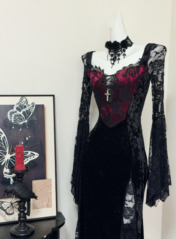 Enchanting Gothic Burgundy Sweatheart Bodice Black Velvet Lace Mermaid Long Prom Dress With Lace Long Sleeves And High Slit AD933