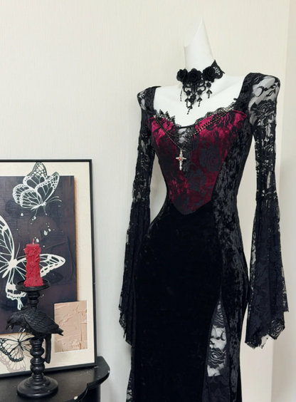 Enchanting Gothic Burgundy Sweatheart Bodice Black Velvet Lace Mermaid Long Prom Dress With Lace Long Sleeves And High Slit AD933