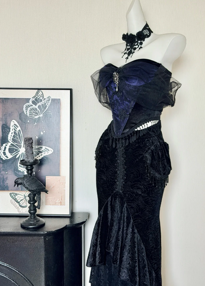 Regal Navy & Black Velvet Corset Mermaid Long Prom Dress With Tulle Bow Off Shoulder And Rhinestone Accent AD934