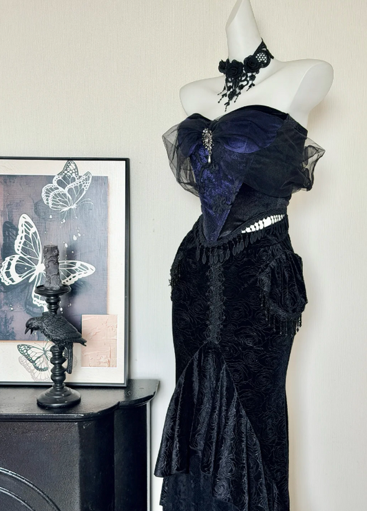 Regal Navy & Black Velvet Corset Mermaid Long Prom Dress With Tulle Bow Off Shoulder And Rhinestone Accent AD934