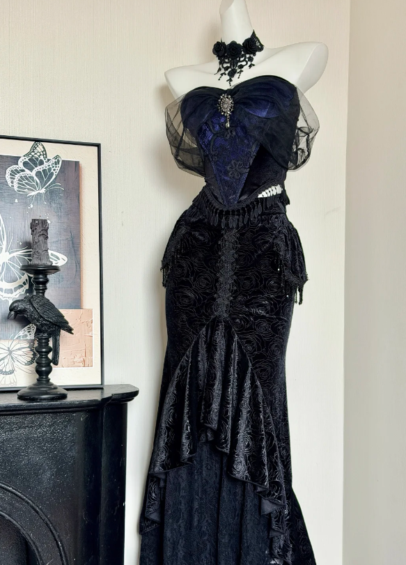 Regal Navy & Black Velvet Corset Mermaid Long Prom Dress With Tulle Bow Off Shoulder And Rhinestone Accent AD934