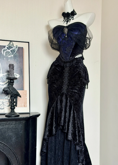 Regal Navy & Black Velvet Corset Mermaid Long Prom Dress With Tulle Bow Off Shoulder And Rhinestone Accent AD934