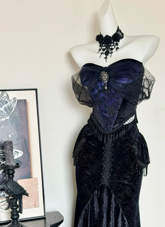 Regal Navy & Black Velvet Corset Mermaid Long Prom Dress With Tulle Bow Off Shoulder And Rhinestone Accent AD934