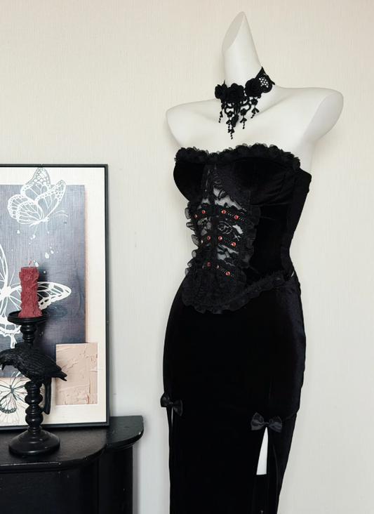 Vintage Strapless Black Velvet Lace Panels Corset Mermaid Long Prom Dress with Red Accents,Bow And High Slit AD935