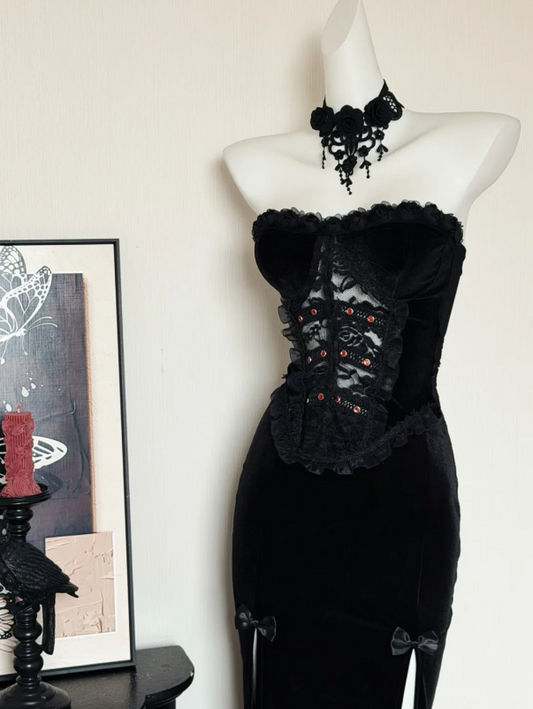 Vintage Strapless Black Velvet Lace Panels Corset Mermaid Long Prom Dress with Red Accents,Bow And High Slit AD935