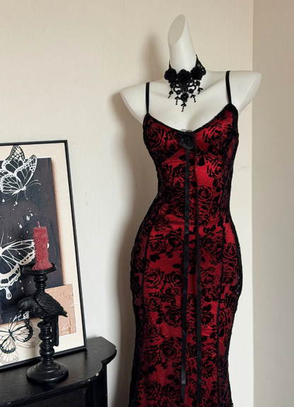 Enchanting Spaghetti Straps Red Satin & Black Rose Flocked Mermaid Long Prom Dress AD936