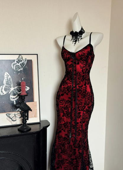 Enchanting Spaghetti Straps Red Satin & Black Rose Flocked Mermaid Long Prom Dress AD936