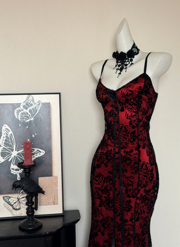 Enchanting Spaghetti Straps Red Satin & Black Rose Flocked Mermaid Long Prom Dress AD936