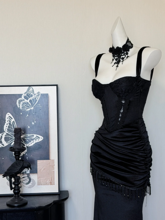 Vintage Straps Black Satin & Lace Corset Mermaid Long Prom Dress With Ruched Skirt And Beaded Fringe Trim AD937