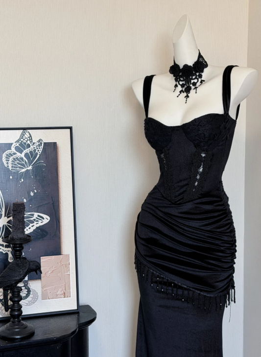 Vintage Straps Black Satin & Lace Corset Mermaid Long Prom Dress With Ruched Skirt And Beaded Fringe Trim AD937