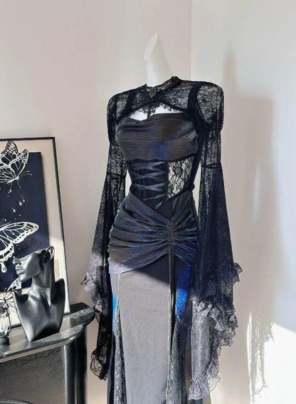 Enchanting Iridescent Black Mermaid Lace Side Panels Long Prom Dress With Asymmetric Ruched Skirt And Black Lace Shrug AD938