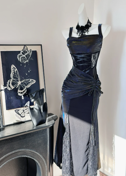 Enchanting Iridescent Black Mermaid Lace Side Panels Long Prom Dress With Asymmetric Ruched Skirt And Black Lace Shrug AD938