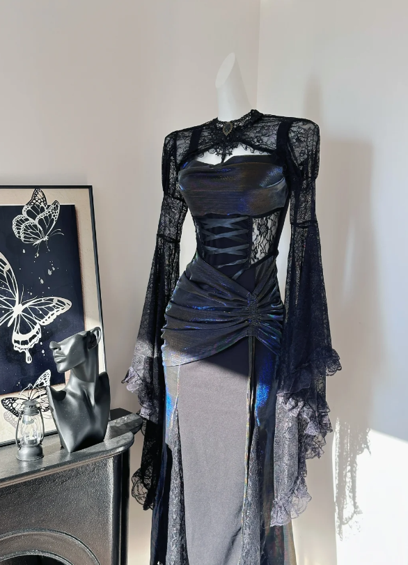 Enchanting Iridescent Black Mermaid Lace Side Panels Long Prom Dress With Asymmetric Ruched Skirt And Black Lace Shrug AD938