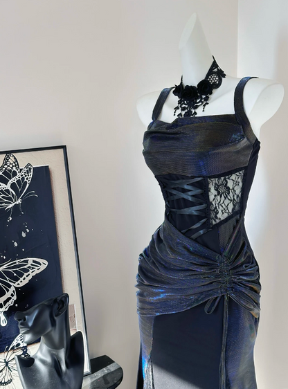 Enchanting Iridescent Black Mermaid Lace Side Panels Long Prom Dress With Asymmetric Ruched Skirt And Black Lace Shrug AD938