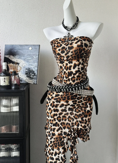 Edgy Leopard Print Strapless Mermaid Long Prom Dress With Asymmetric Ruffle Hem AD939